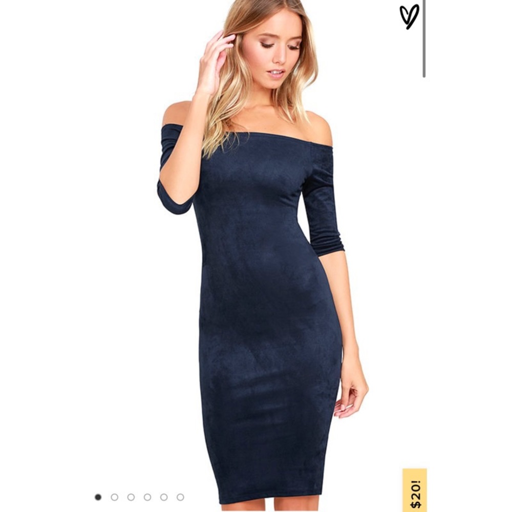 LULU’S Navy Blue Suede Off the Shoulder Dress.